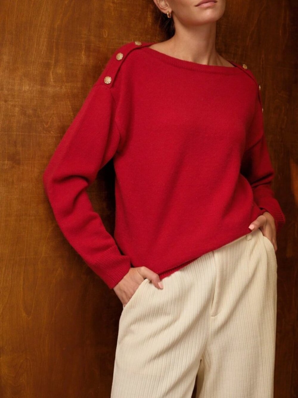 Red Gold Button Boat Neck Long Sleeve Loose Knit Sweater